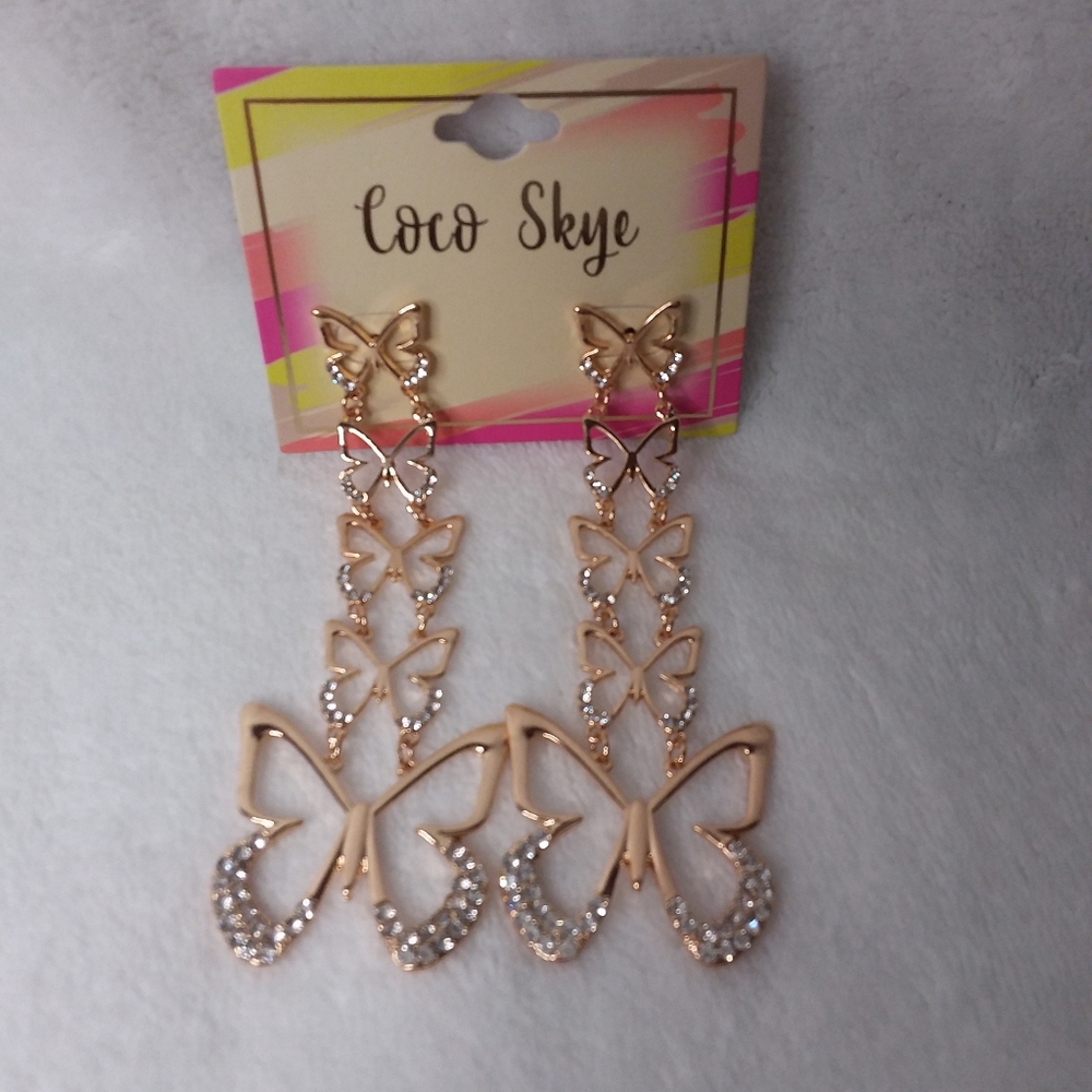 Dangle Pierce Earrings Gold Tone Butterflies Clear Rhinestones Coco Skye